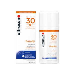 White Ultrasun Family SPF 30 100ml bottle next to white box