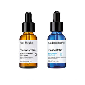 Two vials of mesoestetic AOX Ferulic and HA Densimatrix Duo