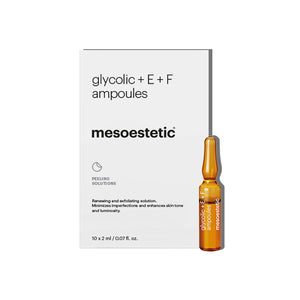 Packaging and vial of mesoestetic Glycolic + E + F Ampoules